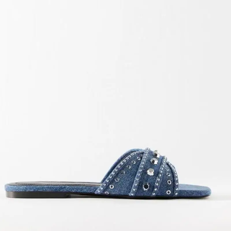 

Flats Slippers Women's Blue Denim Rhinestone Rivet Flat Heels Beach Shoes Simple Outer Wear Casual Slide Sandals Flip Flops