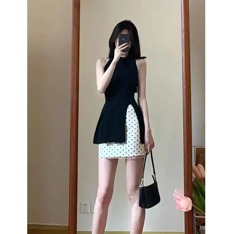 

Женский летний комплект из двух предметов: Топ без рукавов и юбка в горошек, с высокой талией