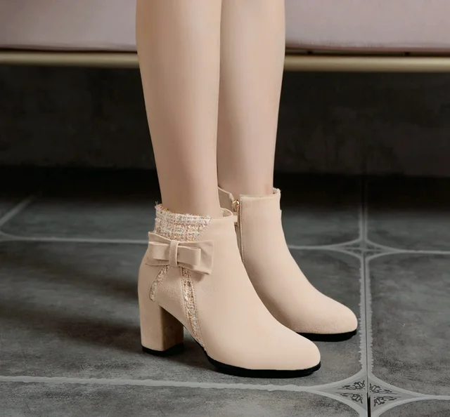 Ankle Boots Women High Heels Side Zipper Autumn New Style Bowties Booties  Ladies Round Toe Mixed Color Winter High Heels - AliExpress