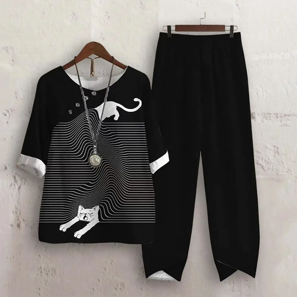 

Stylish Casual Breathable Women Autumn Spring Outfit Round Neck Two Pieces Set Summer T-shirt Pants Set Women Clothes