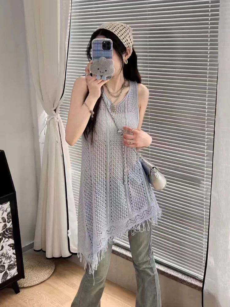 Fall New Fashion Fringed Hollow V-neck Knitted Vest Blouse Women's Loose Hollow Medium and Long Sleeveless Top