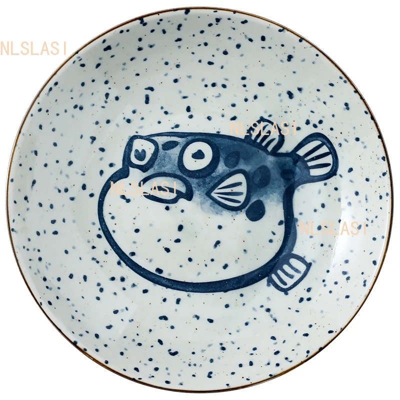 1pcs Ceramic Circular Dish Home Sushi Plate Japanese Seafood Dessert Plate Underglaze Colour Household Items Dinner Plates Set
