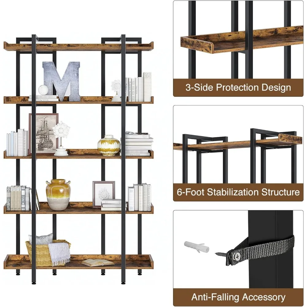 5-Tier, 68.9’’H Industrial Book Shelf, Large Bookcases and Bookshelves with Open Shelves, Open Display Shelves with Metal 3