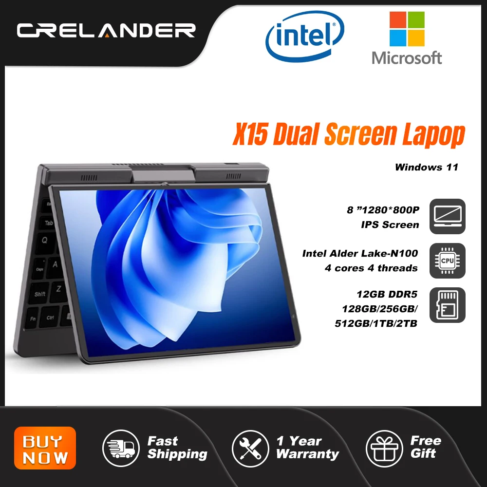 

CRELANDER P8 Mini Gaming Laptop 8 Inch Touch Screen Intel Alder Lake N100 12GB DDR5 Windows 11 WiFi 6 Small Pocket Laptop