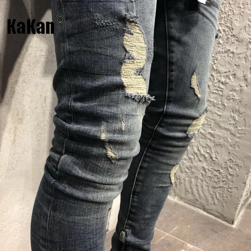 Kakan - European and American Distressed Jeans for Men's Wear, with Zippered Fit At The Hem and Small Leg Jeans K40-103