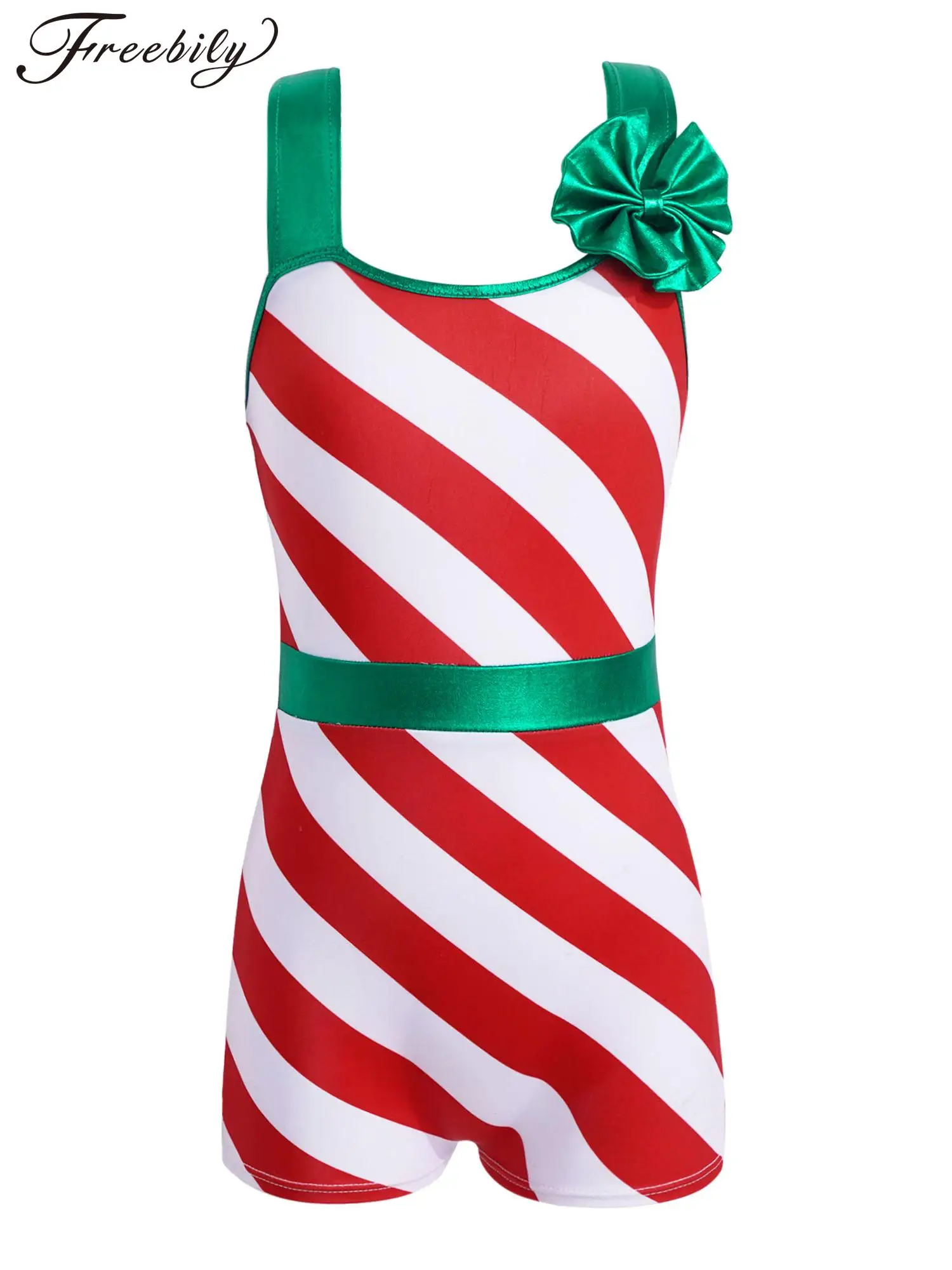 

Kids Girls Christmas Bodysuit Ballet Dance Gymnastics Skating Leotard Sleeveless Stripes Jumpsuit for Xmas Theme Party Dress Up
