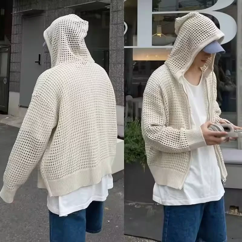 Summer Korean Trendy Hollow Coats Mens Casual Cardigan Sweater Breathable Lightweight Hooded Knitted Sweater Streetwear Clothes