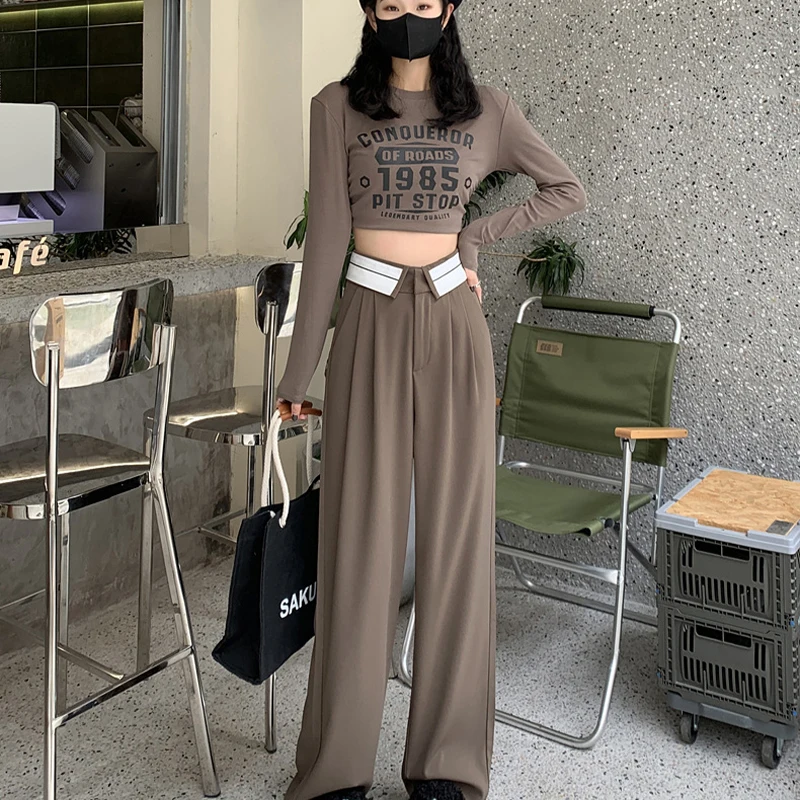 New Fashion Patchwork Wide Leg Pants Women Casual High Waist Pleated  Trousers Spring Summer Elegant Ladies Straight Pants Office