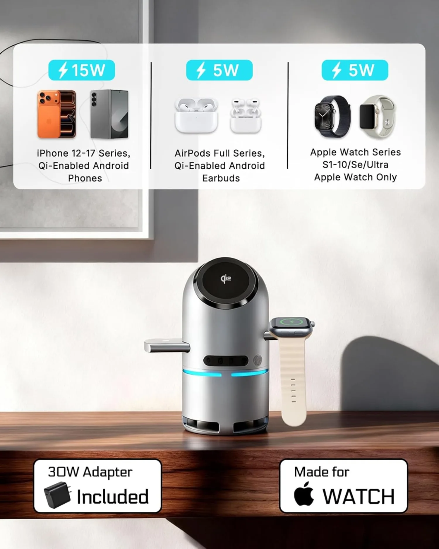 qi2 15W Magnetic Wireless Charger 3 in 1 Charge Stand With Bluetooth Sperker For iPhone 17~12 Apple Watch Airpods Fast Charging