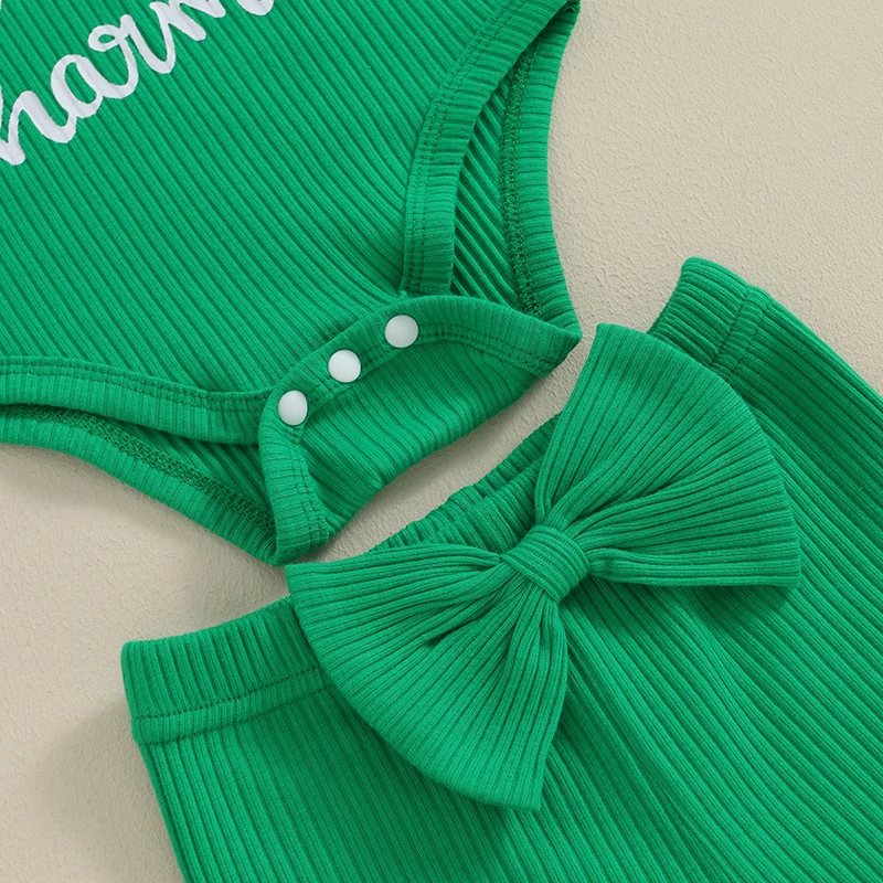 Toddler Girl St Patrick s Day 3 Piece Set Long Sleeve Clover Print Romper Flare Pants Headband Outfit for Baby 5