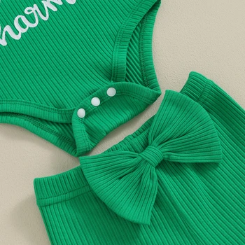 Toddler Girl St Patrick s Day 3 Piece Set Long Sleeve Clover Print Romper Flare Pants Headband Outfit for Baby 5