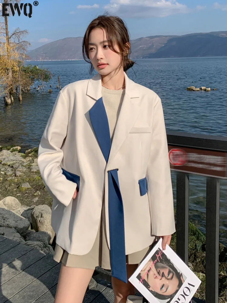 

[EWQ] Contrast Color Patchwork Blazer Coat Long Sleeve Bandage Buckle Fashion Women Suit Jacket 2023 Autumn New Tide Pocket Top