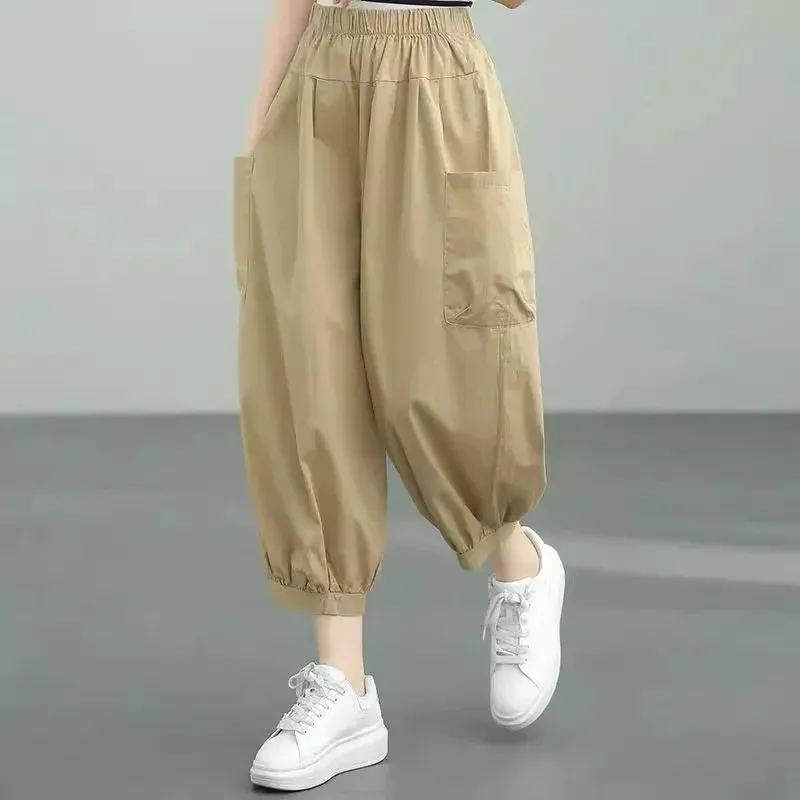 High-Waisted Slimming Cotton Cropped Pants Loose-Fit Plus Size Women's Clothing Trendy 2024 Summer New Arrival Harajuku Trousers
