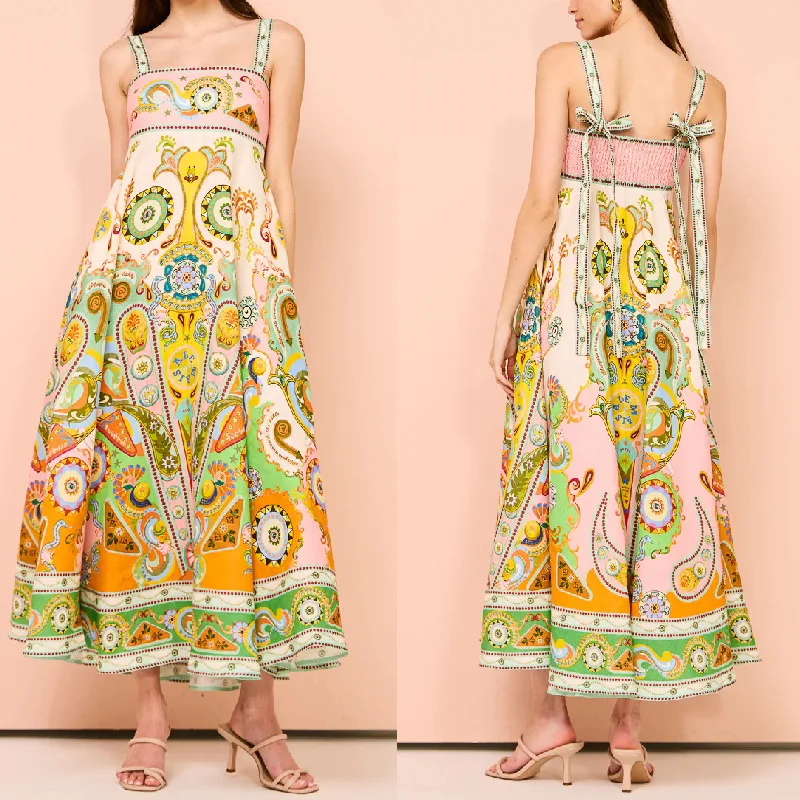 그래피티 프린트 민소매 활 스윙 코튼 린넨 원피스, 섹시한 여성 홀터, 2024 신상 