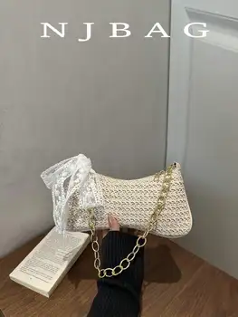 Straw Crescent Moon Handbag With Lace Bow And Chain Strap For Women