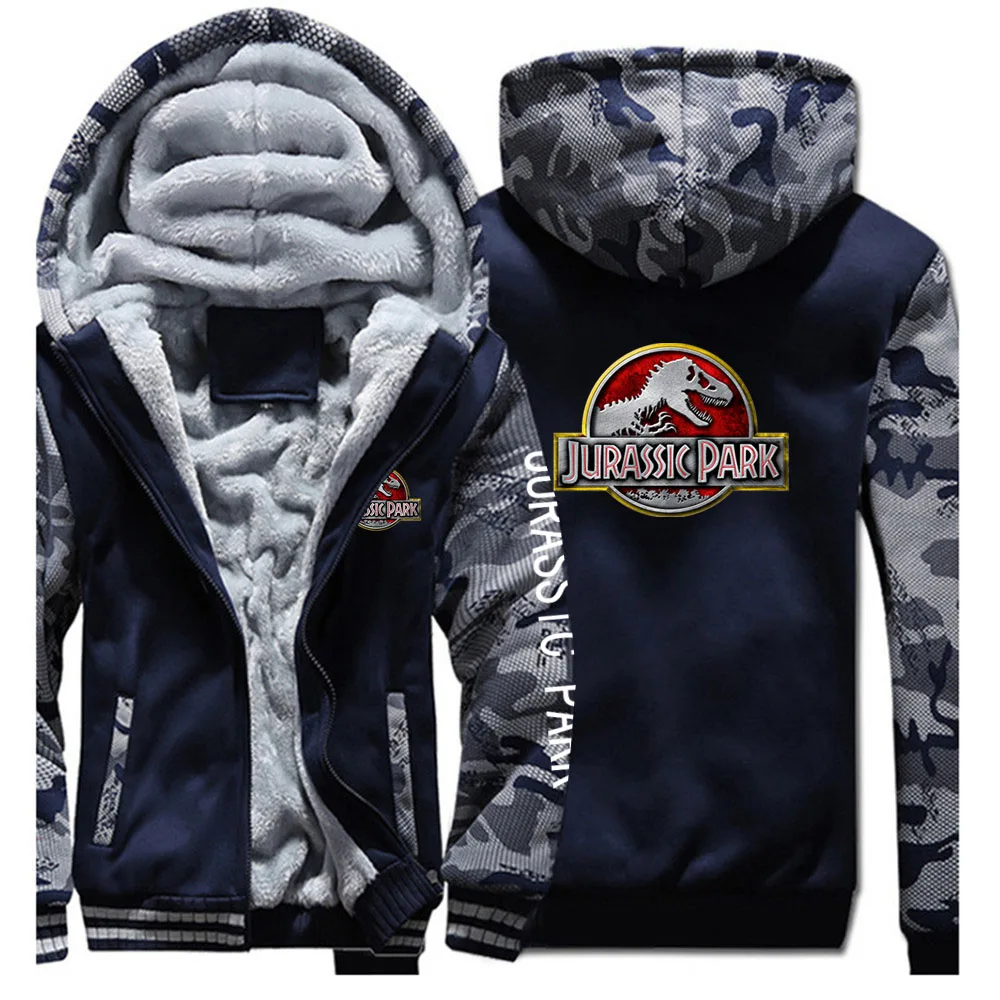2023 New Men Jurassic Park Autumn and Winter Thickened Hoodie Streetwear Zip Up Jacket Keep Warm Casual Zipper Splicing Sleeve