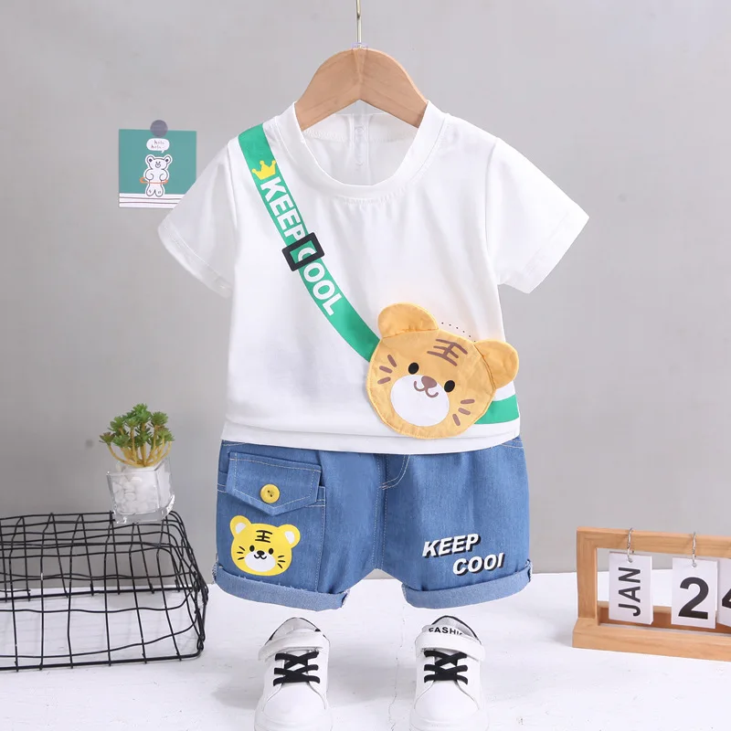 Toddler summer cotton bear T-shirt and shorts set for boys and girls, lightweight kids casual outfit, 2-piece children’s sportswear costume. blue