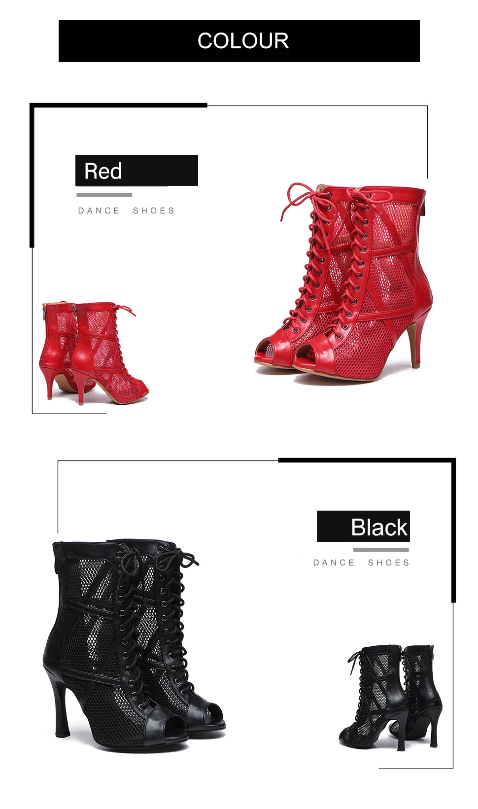 couleurs - Chaussures de Danse Latine à Talons Hauts – Modèle LUNA II Noir Rouge - Couleurs Lagon