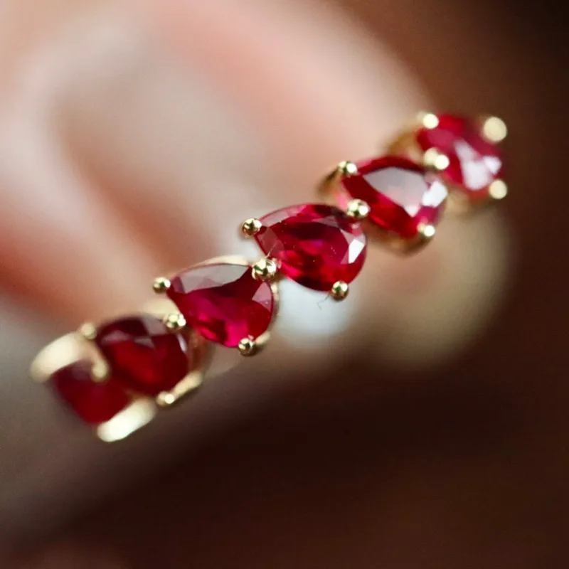 

UBESTNICE Red Gemstone Ring Real 18K Original Yellow Gold Fine Jewelry AU750 Water Drop Natural Vivid Ruby Row Rings for Women