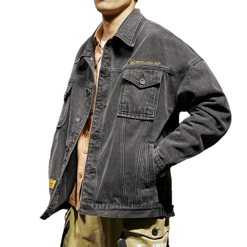 

2023 Black Denim Short Jacket Men Turn Down Collar Bomber Jacket Jeans Coats Casual Pockets Overalls Streetwear Man Outwear