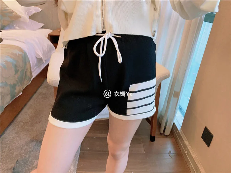 Korean Fashion Sports Knitted Ice Silk Shorts Hot Pants Loose and Thin TB Style Four-bar Elastic Waist Casual Pants Ins Tide
