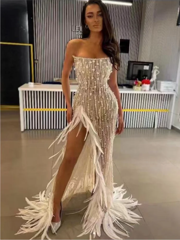 STOCK Women Sexy Shinning Sequins Strapless 2 Pieces Bodycon Mini Dress Nightclub Party Performance Costume Birthday Outfit