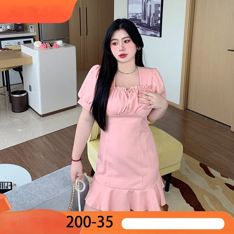 뚱뚱한 Mm2023 여름 새로운 스퀘어 칼라 슬리밍 드레스 한국 시리즈 달콤하고 매운 소녀 허리 포옹 핑크 작은 짧은 드레스 플러스 사이즈 