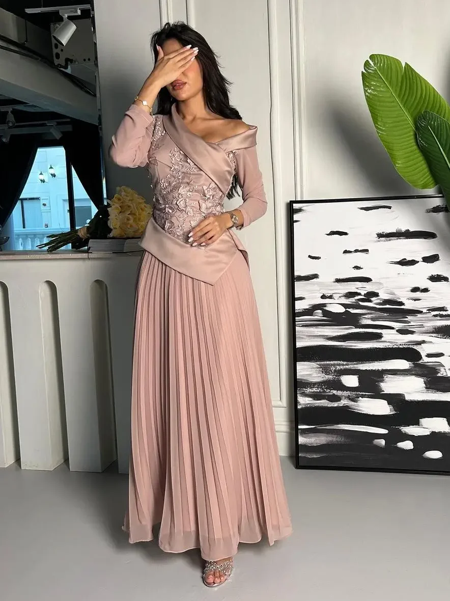 Women Prom Dresses Black Long Sleeves A-Line Chiffon Satin Saudi Arabia Women Evening Dress Party Gown