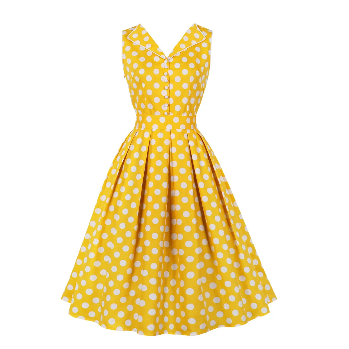 

Polka Dot 50s Pinup Robe Femme Button Front Long Dress Elegant for Women High Waist Belted Vintage Pleated Midi Dresses VD2946