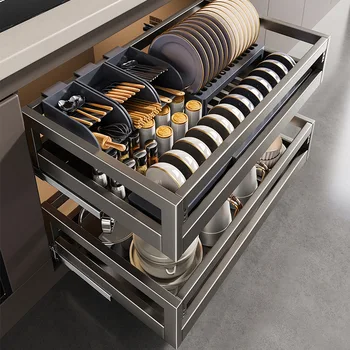 ดึงตะกร้าตู้ครัวหรูหราสแตนเลส Double-Layer ลิ้นชักชาม Rack Storage 2