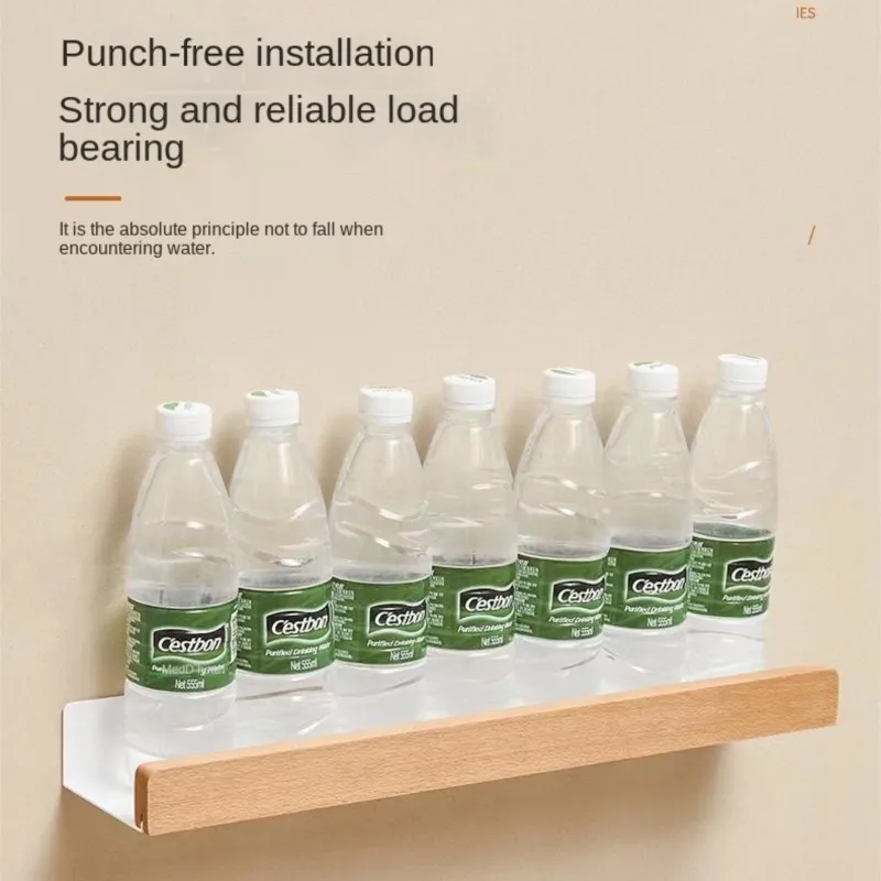 Wall-Mounted Bathroom Wooden Shelf Non-Punched Kitchen Storage Racks Waterproof And Moisture-Proof Bathroom Kitchen Accessories 4