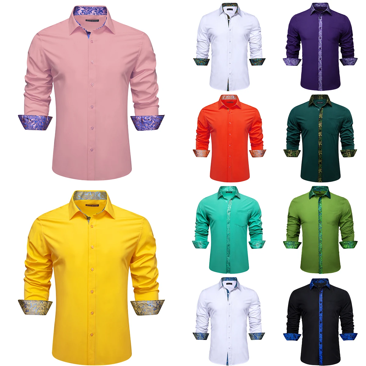 

Luxury Long Sleeve Shirts for Men Silk Pink Gold Yellow White Red Green Blue Purple Solid Patch Slim Fit Male Blouses Barry Wang