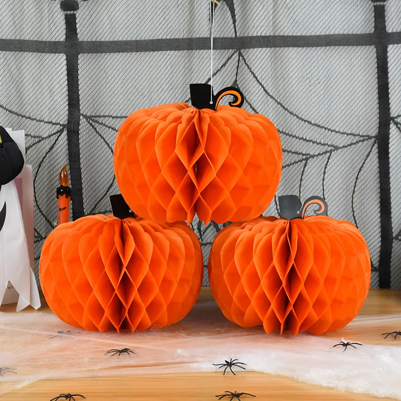 

1/2pcs Halloween Pumpkin Honeycomb Pendant 3D Paper Honeycomb Ball Lantern Hanging Ornaments for Halloween Party Home Decoration