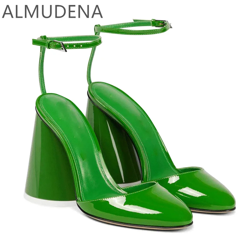 

Round Toe Thick Heel Women Pumps Buckle Strap Slingback Mature Outside Modern Super High Heel Shoes Patent Leather Solid Pumps