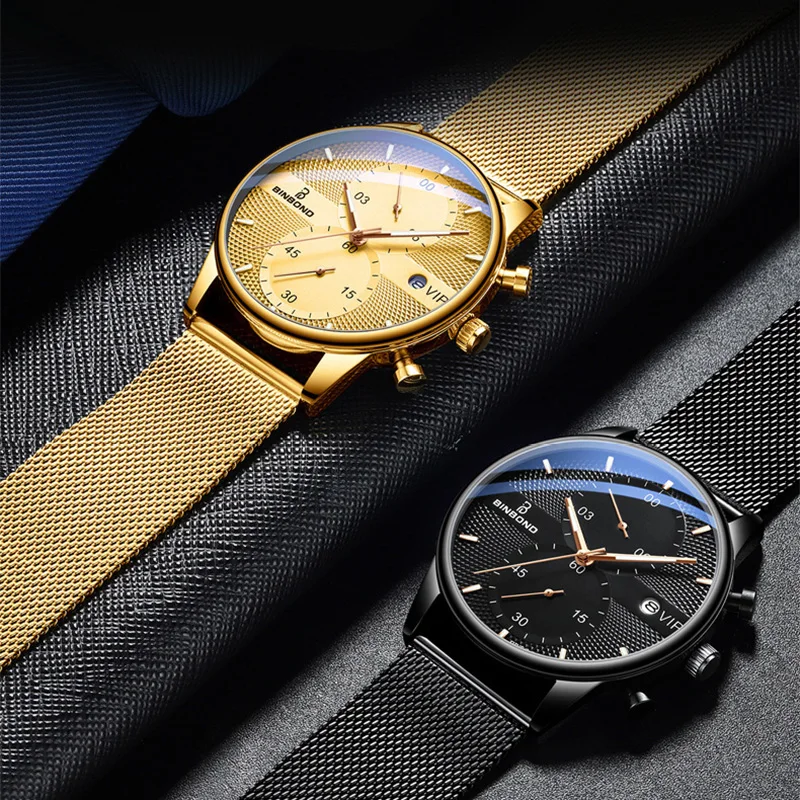 2023 New Fashion Business Mens Watches Top Brand Luxury Blue Ultra Thin Mesh Chronograph Quartz Waterproof Luminous Wristwatch