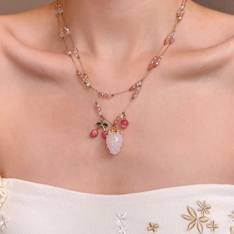 Y2K Sweet Mixed Media Choker Necklace Pink Pearl and Framed Portrait Charms Fruit Drop Coquette Statement Jewelry Gift 5