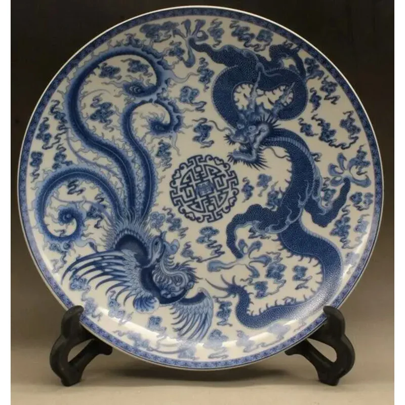 

Old Chinese Blue and white Porcelain Hand painted Dragon phoenix plate 91058 Item Information Condition: --not specified