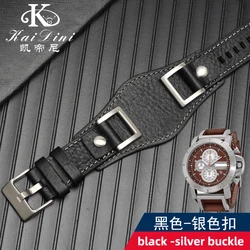 Premium Vintage Style Leather Watch Strap - Cowhide Wristband - 24mm (Black - silver buckle)
