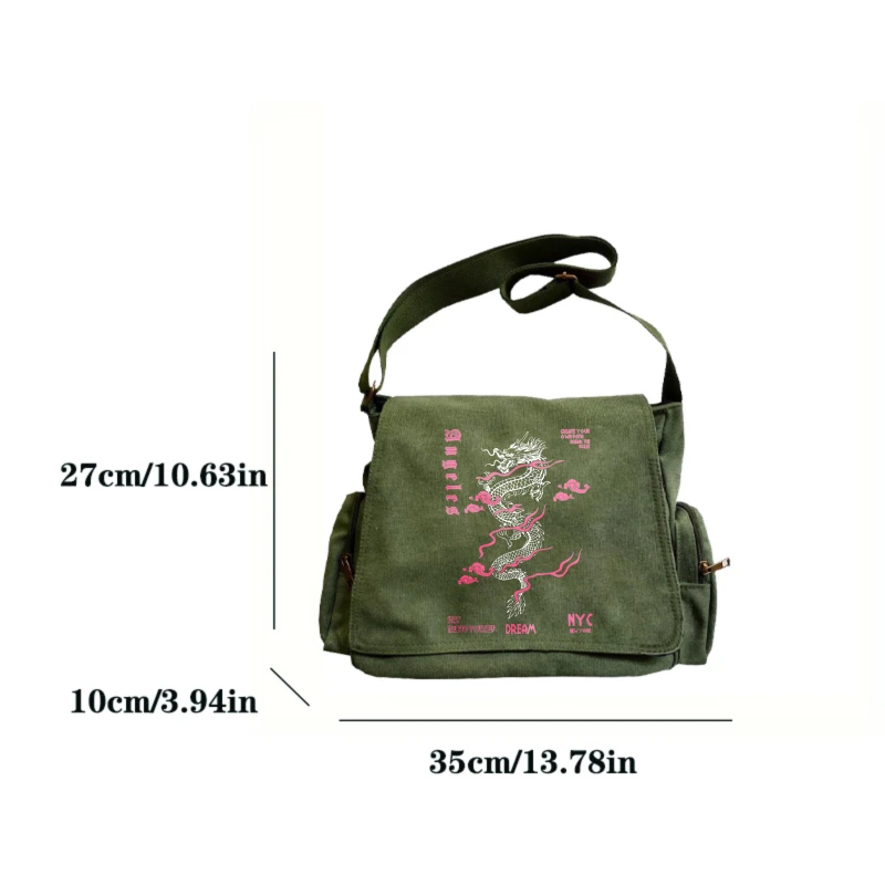 Retro Men's Shoulder Bag Canvas Dragon Print Large Capacity Crossbody Bag Women's Messenger Bag