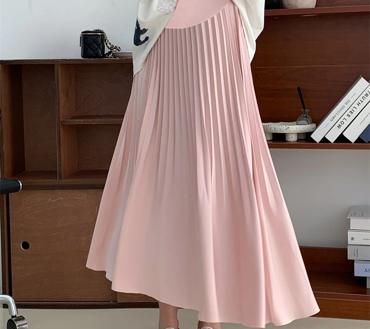 Korean Style Pregnant Woman Pleated Skirt Solid Color High Waist Long Loose Maternity Belly Skirts Pregnancy Satin Pleated Skirt