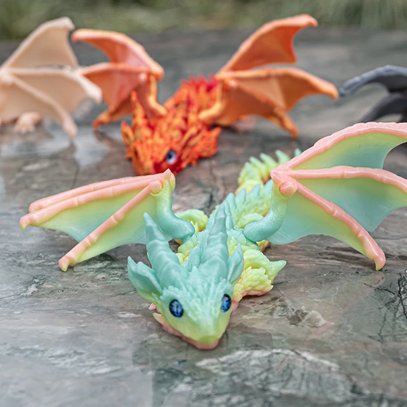 3D Printed Flying Dragon Full Body Movable Joint Fidget Toy Figurine Simulation Dragon Office Desktop Ornament Toys with Wing
