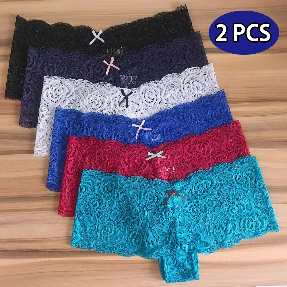 2PcsLaceBoyshortsWomenTransparentSexyUnderwearMidWaistFashion