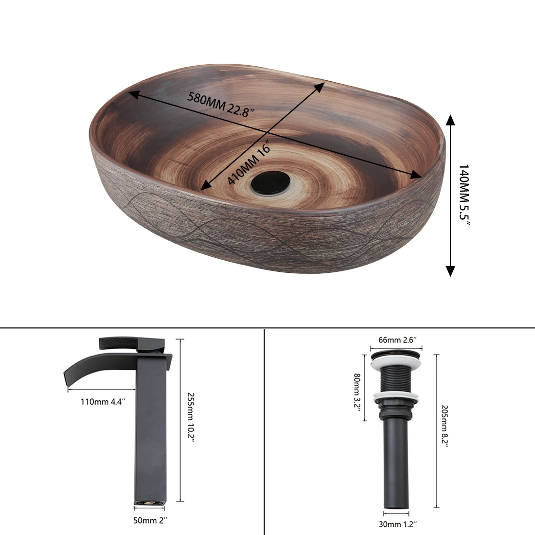 ZAPPO Wood Colored Ceramics Bathroom Sink Vessel Sink for Bathroom  Above Counter Ceramic Bathroom Vanity Vessel Sink Bowl 6