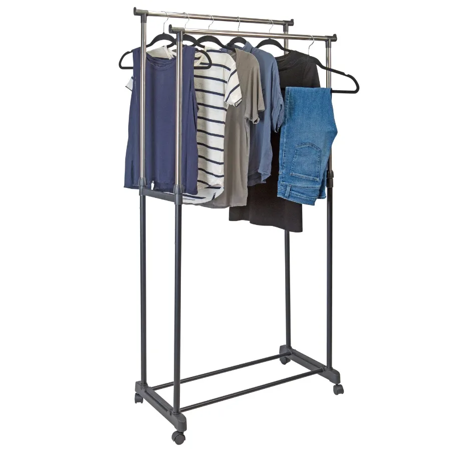 Double Tier Adjustable Height Rolling Garment Rack Metal Black and Silver 6