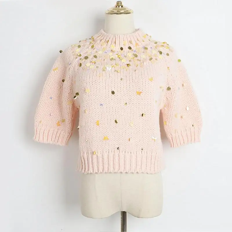 

2024 Spring Beading Piece Pink Pullover Women Short Sleeve Sweater New Trendy Brand Heavy Industry Slim Tops Korean Clothes