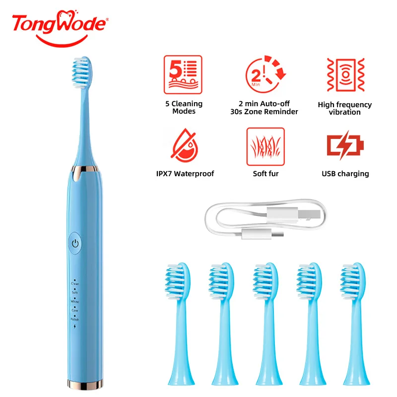 Tongwode Electric Sonic Toothbrush USB Rechargeable Waterproof Ultrasonic Whitening Tooth Brushes Replacement Heads electric toothbrush
