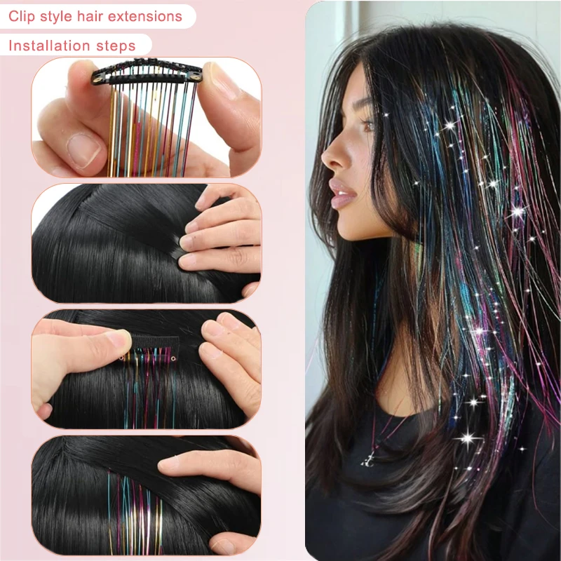 LUPU 12 piece Girls' Hair Clip Set, 20 inch Shiny Fairy Hair Clip for Hair Extensions, Parties and Holidays