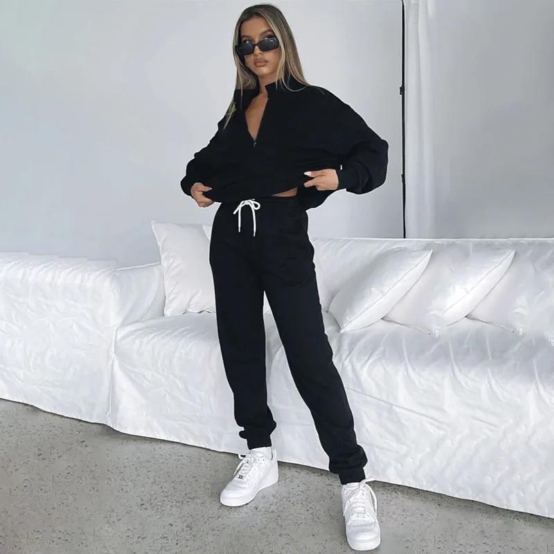 

Autumn Winter Europe and the United States Solid Color Stand Collar Zippered Long-sleeved Hoodie Two-piece Fashion Trouser Suit