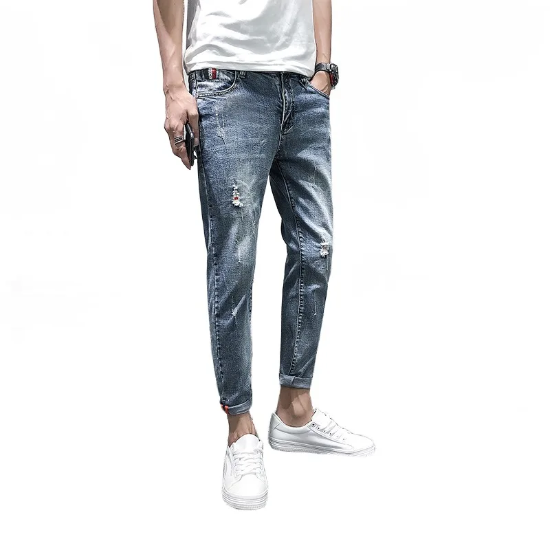 2023 Social and Spiritual Guy, Broken Hole, Beggar Jeans, Male Internet Red, Slim Fit, Casual, Fashion, Small Feet Cropped Pants 3