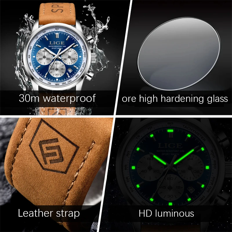 Men's Luxury Quartz Chronograph Leather Watch - Elegant & Waterproof Sport Design by LIGE